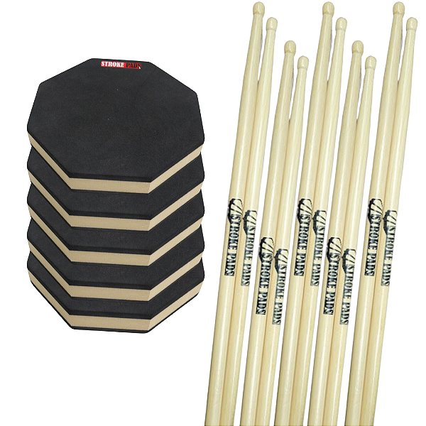 5 Pads de Estudo 7'' Stroke Pads S07 + 5 Pares de Baquetas