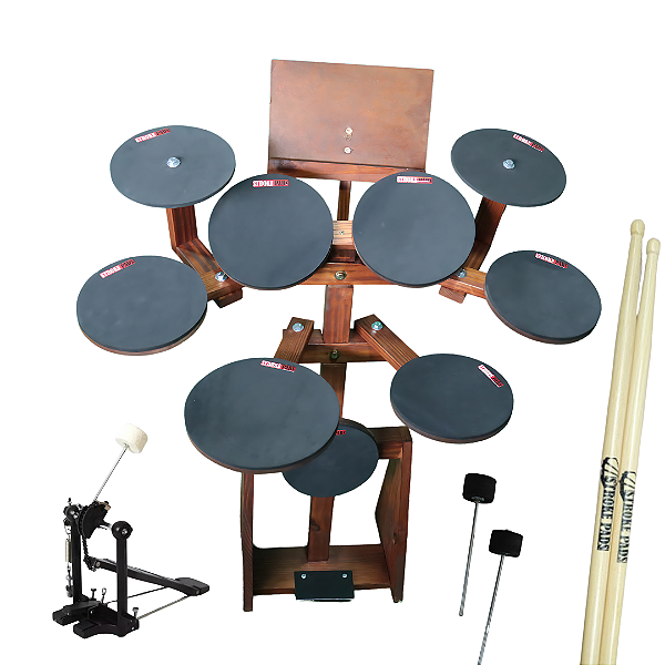 Bateria de Estudo Stroke Pads 9 Peças BAT06 + Pedal de Bumbo + Par de Baquetas