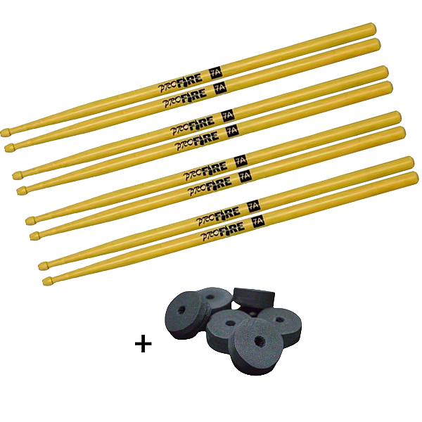 Kit 4 Pares Baqueta Pro Fire 7A PM + Brinde Base p/ Pratos