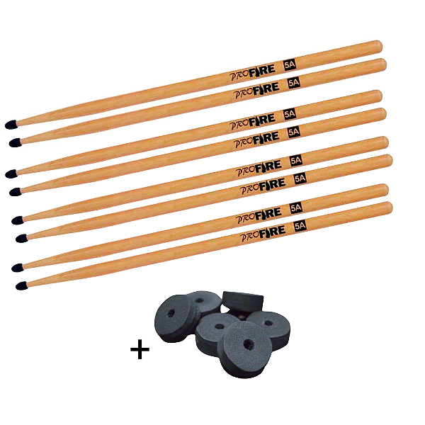 Kit 4 Pares Baqueta Pro Fire 5A Ponta Nylon (+ Brinde)