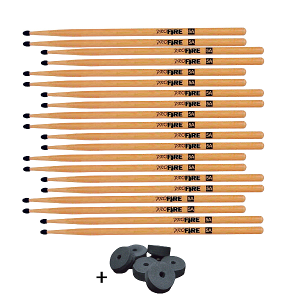 Kit 10 Pares Baqueta Pro Fire 5A Ponta Nylon (+ Brinde)