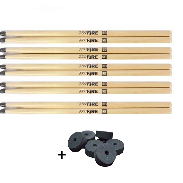 Kit 5 Pares Baqueta Pro Fire 5B Ponta Nylon (+ Brinde)