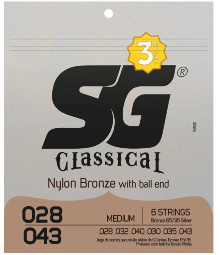 Encordoamento SG Violão Nylon Bronze Tensão Média - Pack c/3