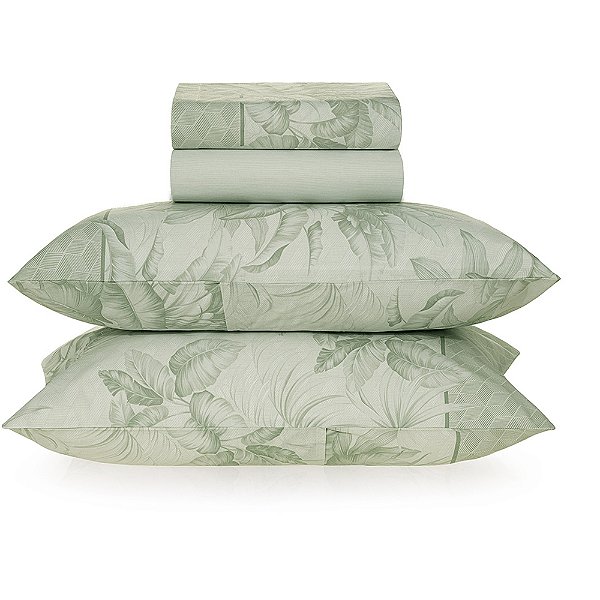 Jogo de Cama Karsten Floriano 160 Fios 4 Peças Queen Verde