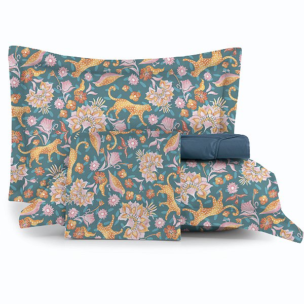 Jogo de Cama Altenburg Flora Fashion TA 4 Peças Casal Azul