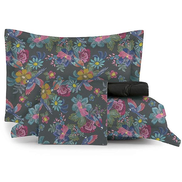 Jogo de Cama Altenburg Vintage Bird TA 4 Peças King Preto