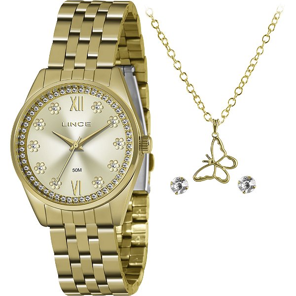 Kit Relógio Lince Shine LRGJ136L KZ39C3KX Dourado Feminino