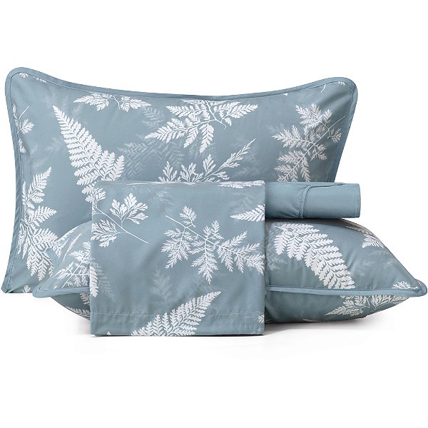 Jogo de Cama Lynel Samambaia Malha 4 Peças Queen Azul