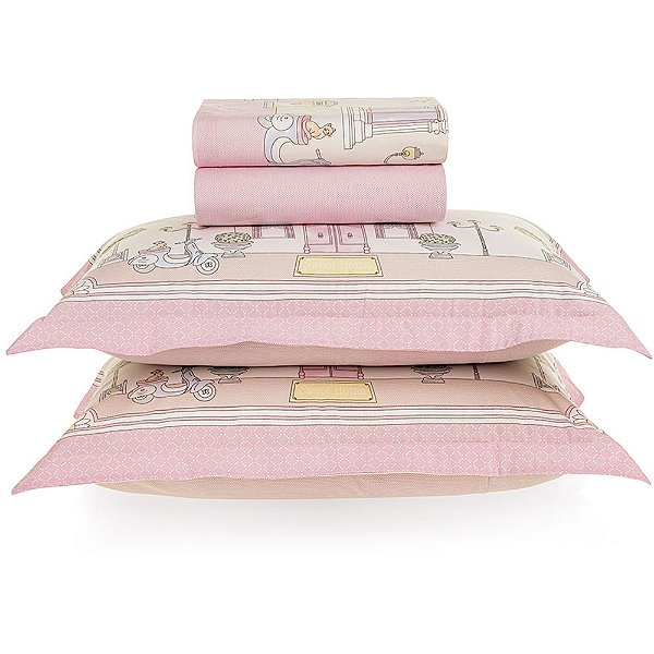 Jogo de Cama Karsten Flory 200 Fios 4 Peças Casal Rosa