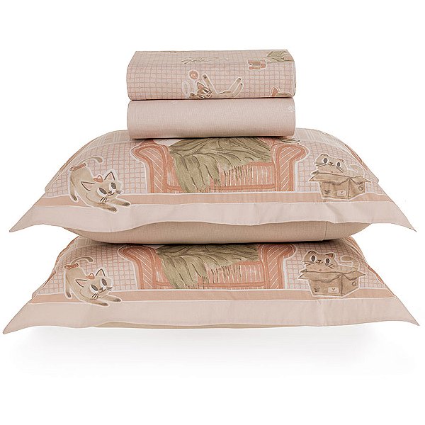 Jogo de Cama Karsten Gatos 200 Fios 4 Peças Casal Rosa
