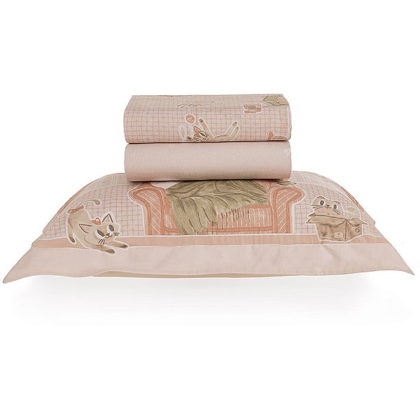 Jogo de Cama Karsten Gatos 200 Fios 3 Peças Solteiro Rosa