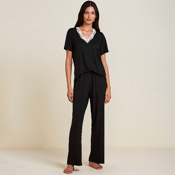 Pijama Longo Hope Moon Viscose e Renda In26 Preto Feminino