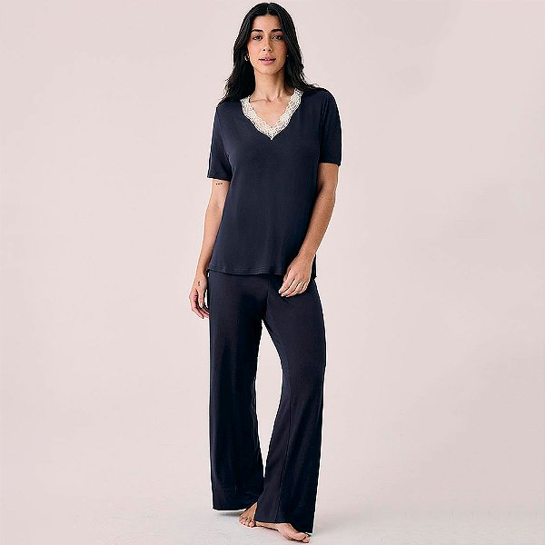 Pijama Longo Hope Moon Viscose e Renda In26 Azul Feminino