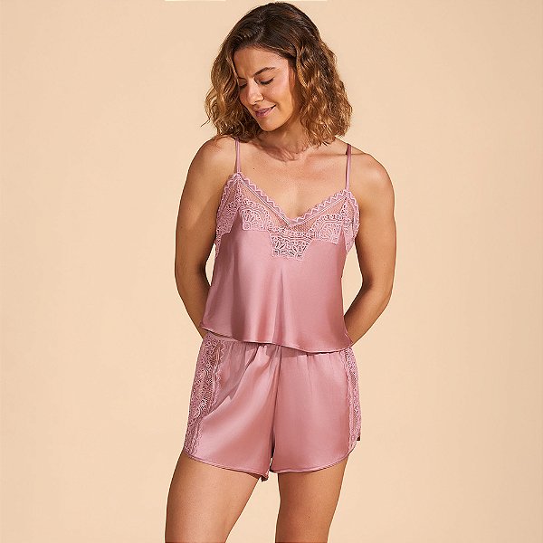 Babydoll Recco Charmeuse Prime e Renda Ve27 Rosa Feminino