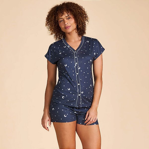 Pijama Baunilha Manga Japonesa Viscose Ve27 Marinho Feminino