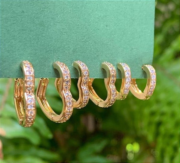 Trio de brinco de coração cravejado