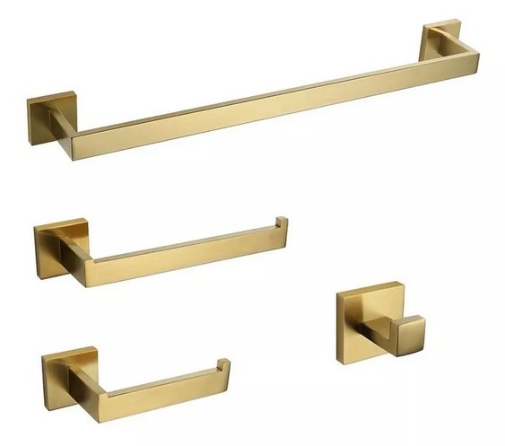 KIT ACESSÓRIOS PARA BANHEIRO DOURADO FOSCO ACABAMENTO QUADRADO COM 4 PEÇAS