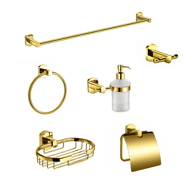 KIT ACESSÓRIOS PARA BANHEIRO METAL ACABAMENTO REDONDO DOURADO GOLD 6 PEÇAS