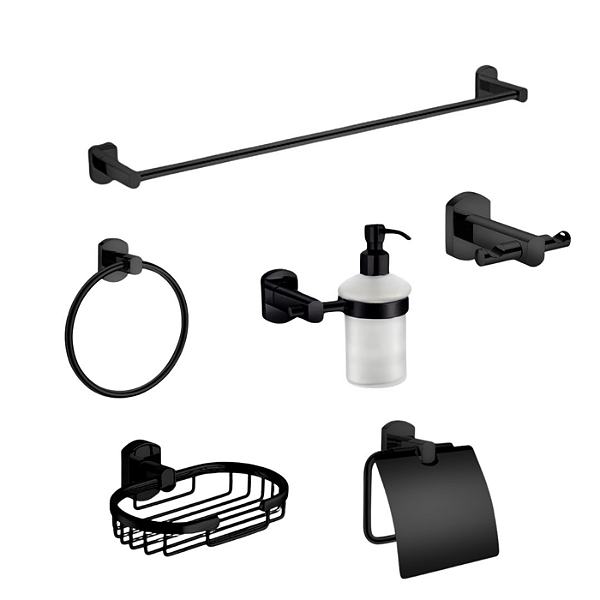 KIT ACESSÓRIOS PARA BANHEIRO REDONDO METAL PRETO FOSCO 6 PEÇAS