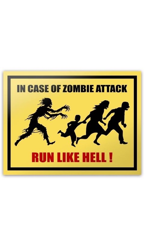 Placa In Case Of Zombie Attack Run Like Hell - 20 x 15 cm Presentes Criativos - Nerd e Geek - Presentes Criativos