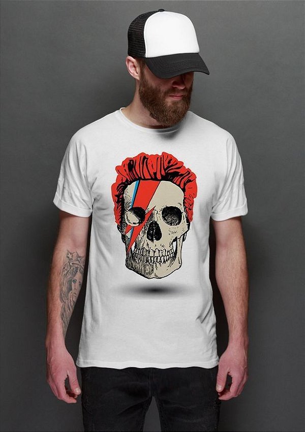 Camiseta Masculina  David Bowie Skull - Nerd e Geek - Presentes Criativos