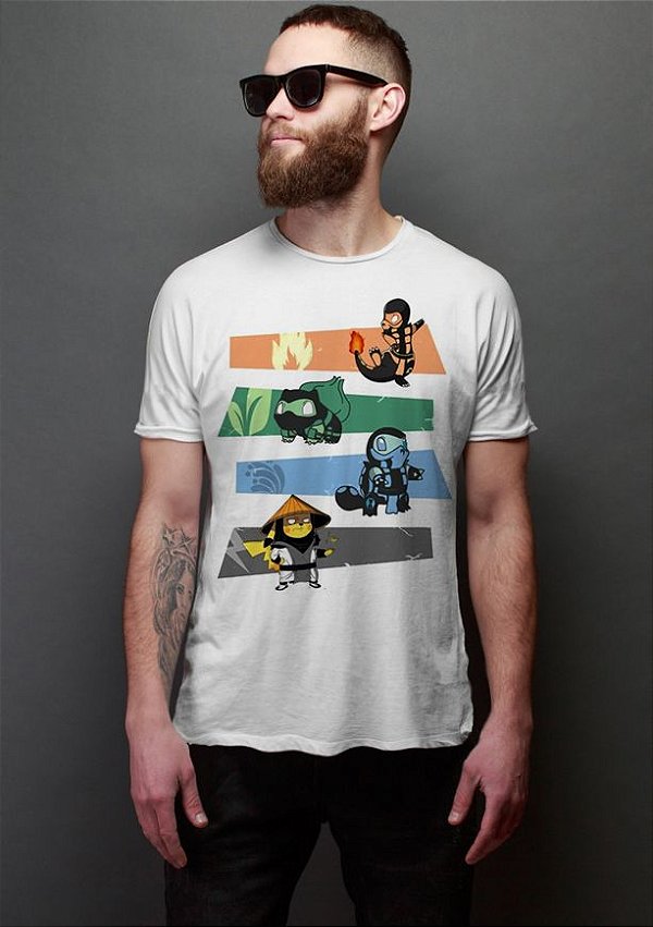 Camiseta Masculina  Pokemon Kombat - Nerd e Geek - Presentes Criativos