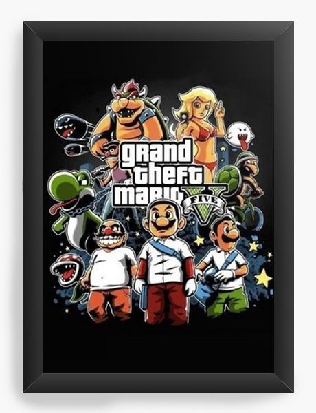 Quadro Decorativo A4 (33X24) Grand Theft Mario - Nerd e Geek - Presentes Criativos