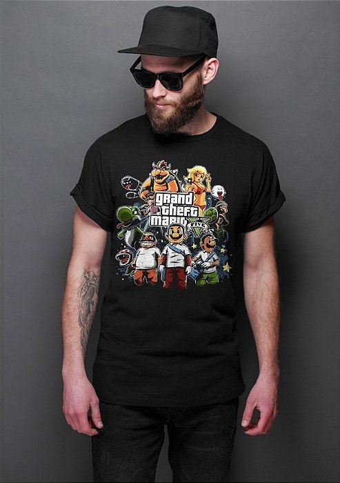 Camiseta Masculina  Grand Theft Mario - Nerd e Geek - Presentes Criativos