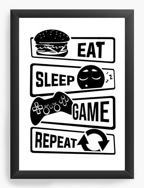 Quadro Decorativo Eat Sleep Game Repeat Nerd e Geek - Presentes Criativos