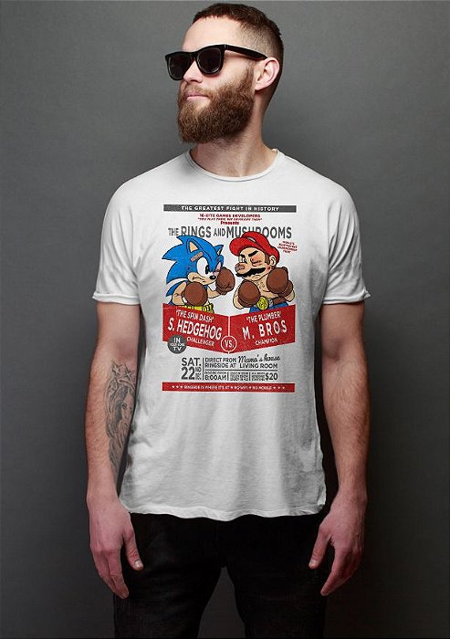 Camiseta Sonic Hedghog vs Mario Bros - Nerd e Geek - Presentes Criativos