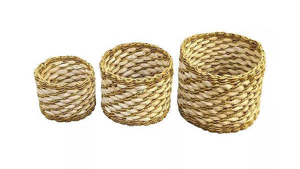 Kit Cestos de Palha com 3 und Marrom 22x17cm