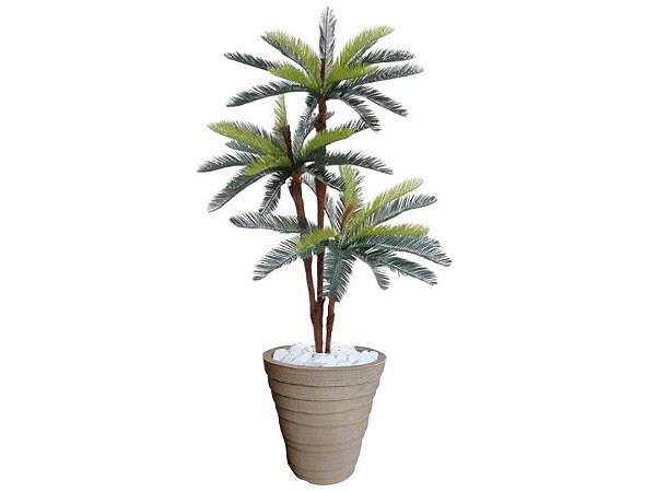 Planta Artificial Árvore Palmeira Cycas 1,77m kit + Vaso Redondo D. Grafiato Bege 40cm