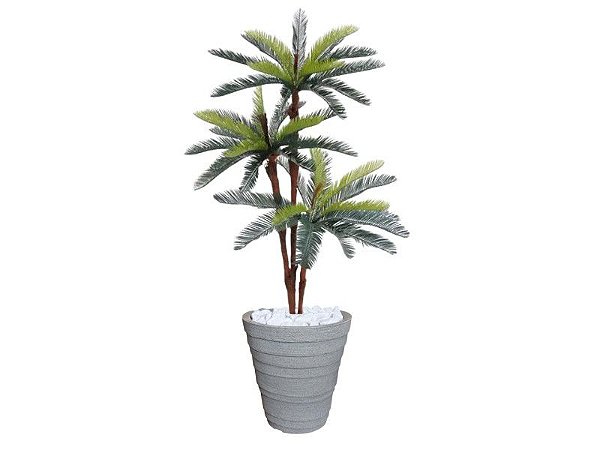 Planta Artificial Árvore Palmeira Cycas 1,77m kit + Vaso Redondo D. Grafiato Cinza 40cm