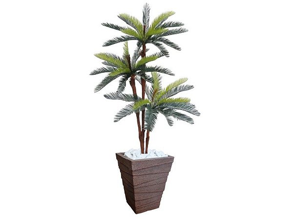 Planta Artificial Árvore Palmeira Cycas 1,77m kit + Vaso Trapézio D. Grafiato Marrom 40cm