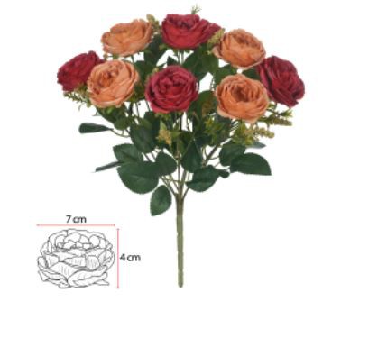 Buquê Flor Artificial Rosa Cabbage X9 Vermelho Outono Pessego 36cm