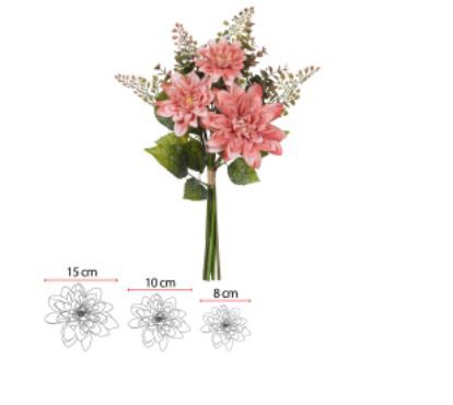 Buquê Flor Artificial Dalia Ramalhete Fita C/Powder X7 Rosa 2T Outono 42cm