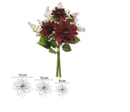 Buquê Flor Artificial Dalia Ramalhete Fita C/Powder X7 Marsala Outono 42cm