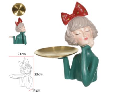 Escultura Poliresina Menina C/Laço Verde Vermelho 23x33cm
