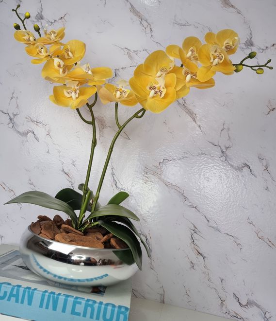 Arranjo Com 2 Orquídeas Amarela Vaso Prata 22cm