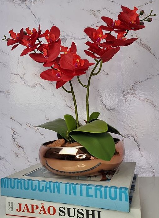 Arranjo Com 2 Orquídeas Vermelha Vaso Cobre 22cm