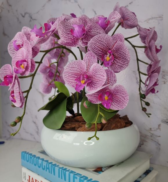 Arranjo Com 4 Orquídeas Violeta Vaso Ceramica 28cm