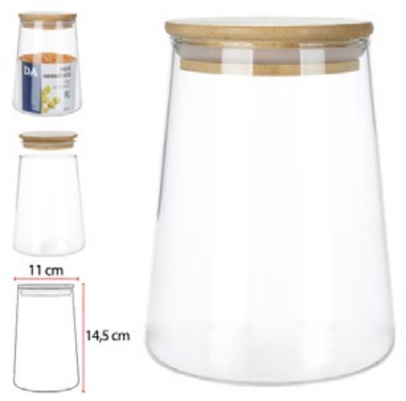 Pote Vidro Boro 900ML Tampa Bambu 14,5x11cm Transparente