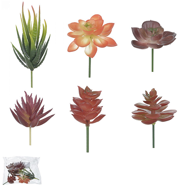 Planta Artificial Folhagem Suculenta Sortidas C/6 Uni Vermelho Outono Verde 5,5cm