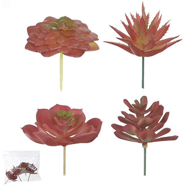 Planta Artificial Folhagem Suculenta Sortidas C/4 Uni Vermelho Outono Verde 8,5cm