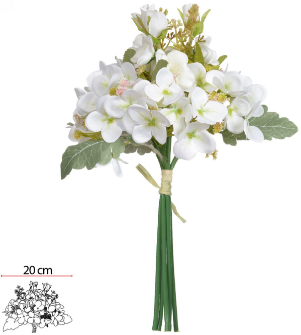 Planta Artificial Buque Rosa Hortensia Ramalhete C/Fita X5 Creme 34cm
