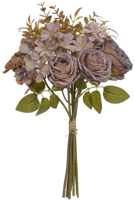 Planta Artificial Buque Rosa Ramalhete C/Fita X7 Purpura Outono 31cm