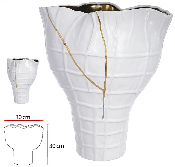 Vaso Decorativo Ceramica Branco Dourado 30cm