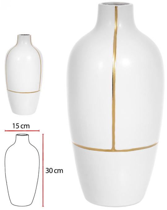 Vaso Decorativo Ceramica Branco Dourado 30cm