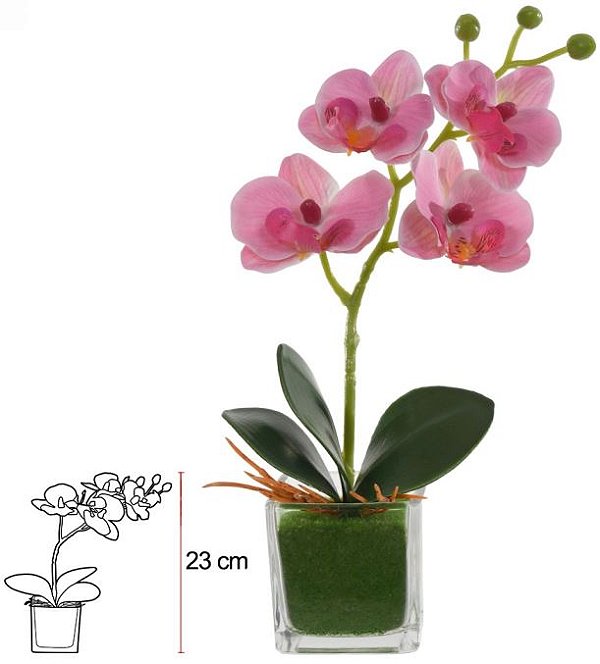 Haste Orquidea Phalaenopsis Real Toque C/Vaso De Vidro Rosa 23cm