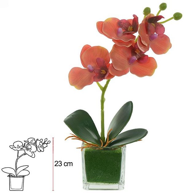 Haste Orquidea Phalaenopsis Real Toque C/Vaso De Vidro Laranja 23cm